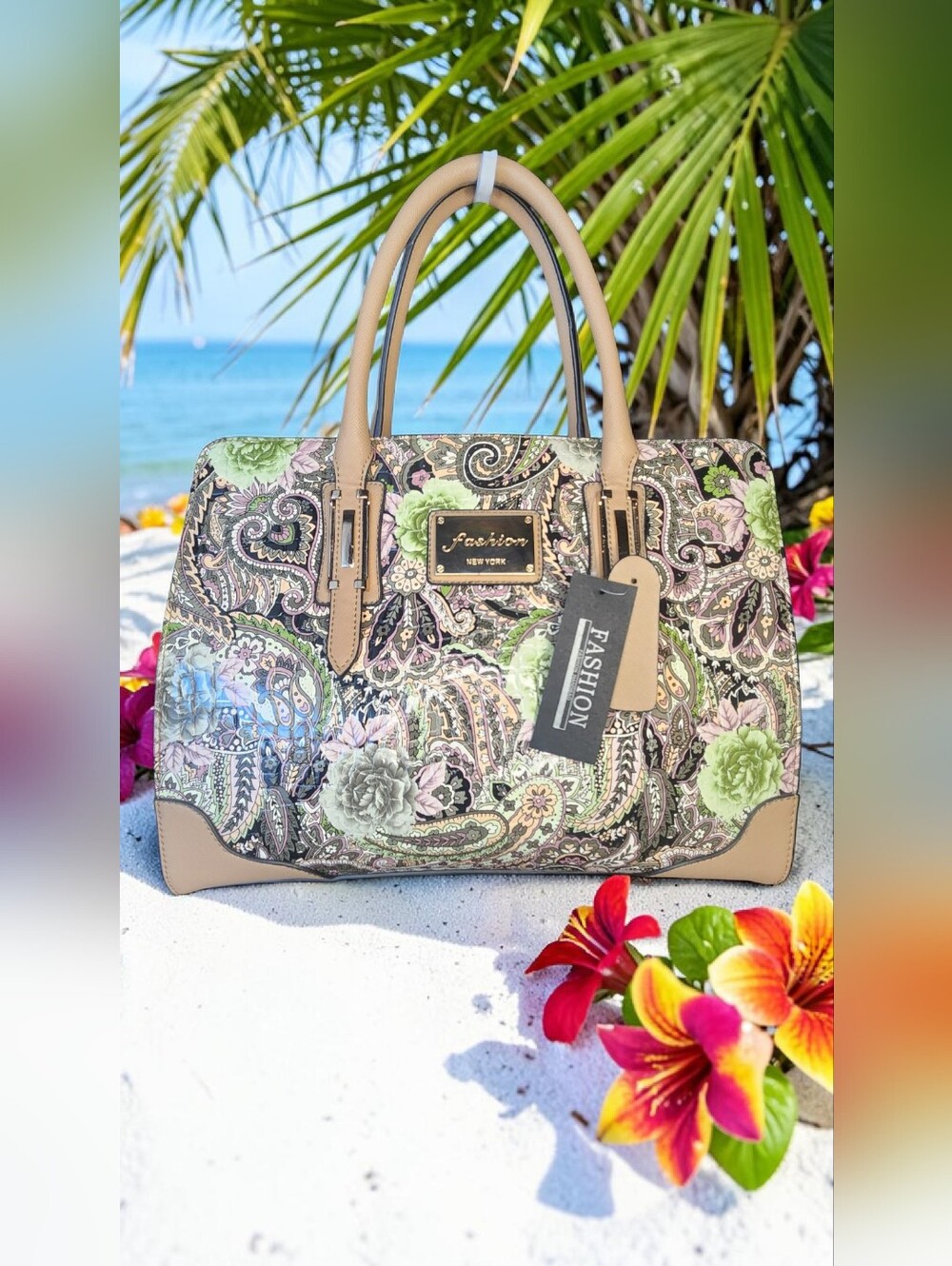 Fashion New York Beige Paisley Floral Handbag